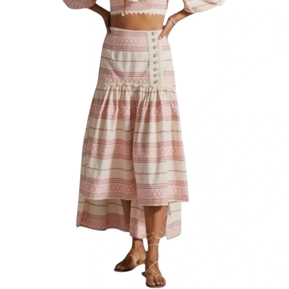 New Anthropologie Raissa A Line Striped High Low Embroidered Pleated Midi Skirt